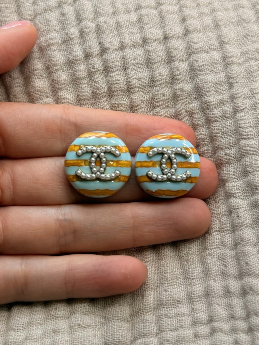 🩵CHANEL Round Striped CC Clip-On Earrings in Light Blue & Gold💛 - Picture 9 of 11
